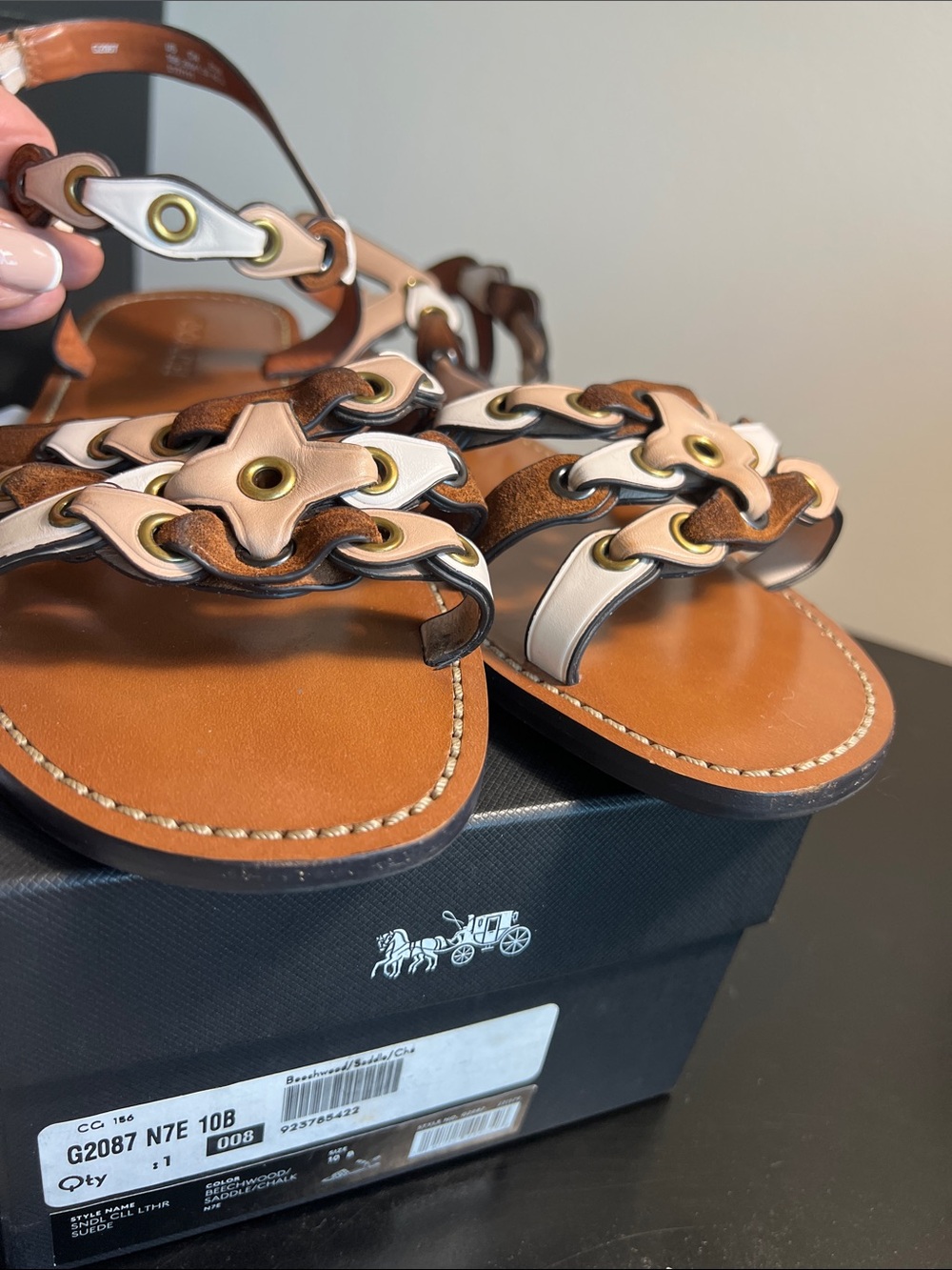 Coach Brown, Cream & Tan Leather Floral Strap Sandals